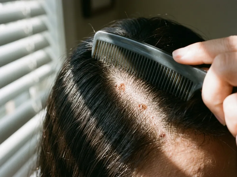 A comb parting dark hair at the hairline, with a few small crusted spots visible on the scalp, in striped sunlight through blinds.