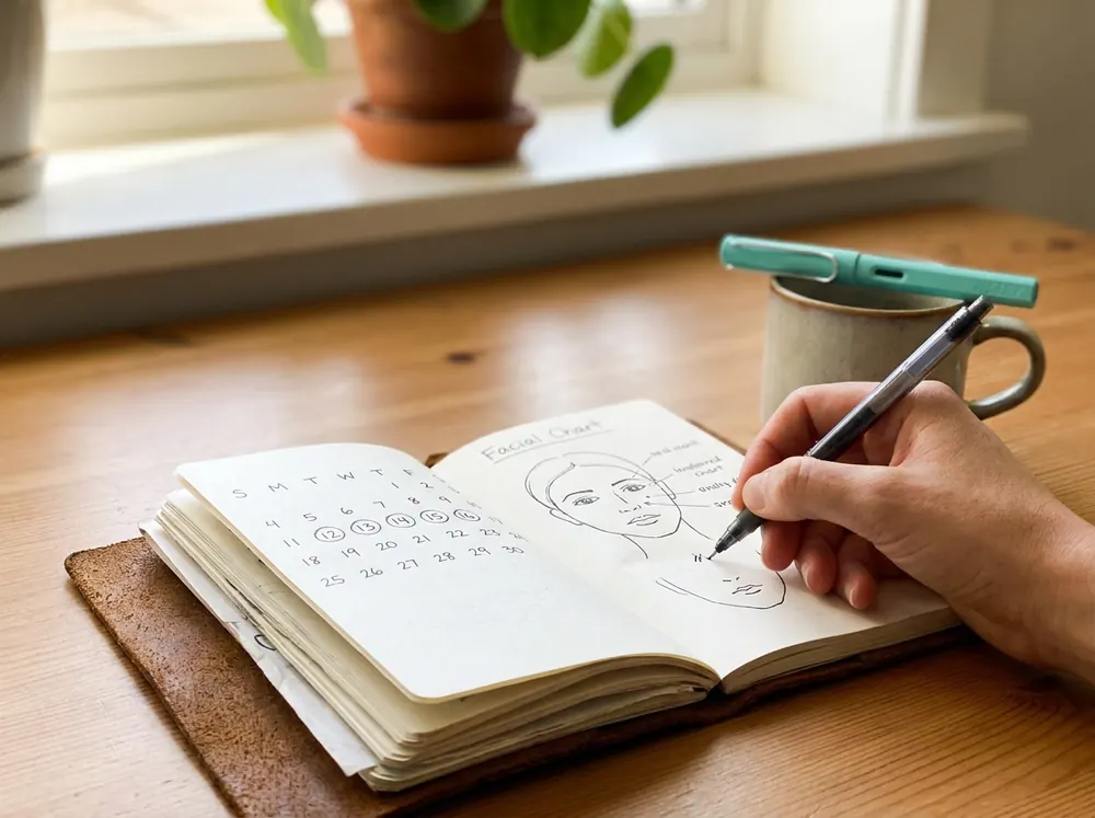 A hand sketching a facial chart in a journal beside a calendar page and a mug