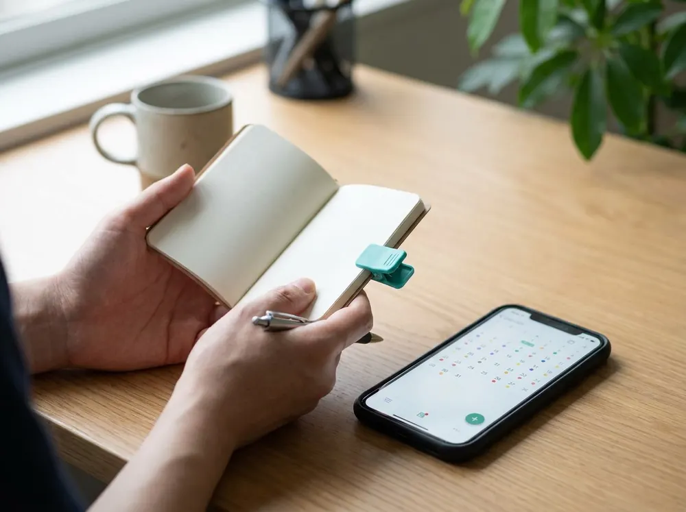 A hand writing in a journal beside a phone showing a calendar tracking app