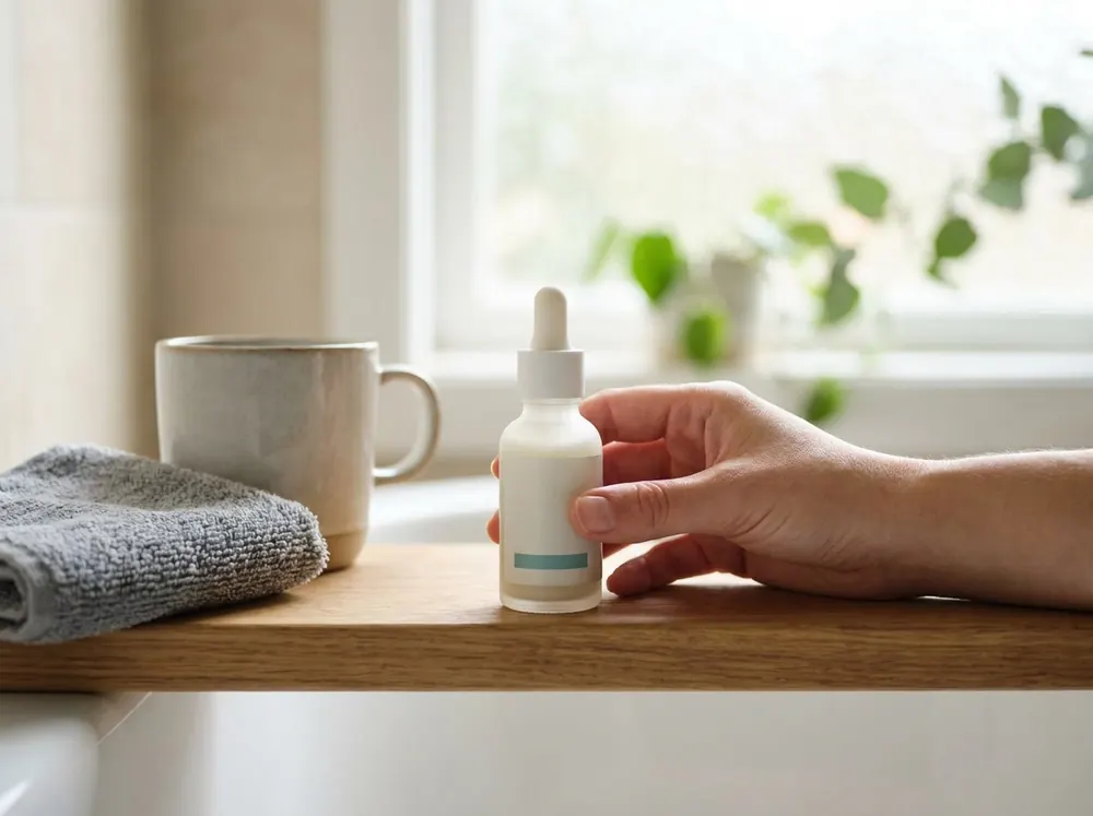 A hand reaching for a dropper serum bottle beside a mug on a wooden bathroom shelf