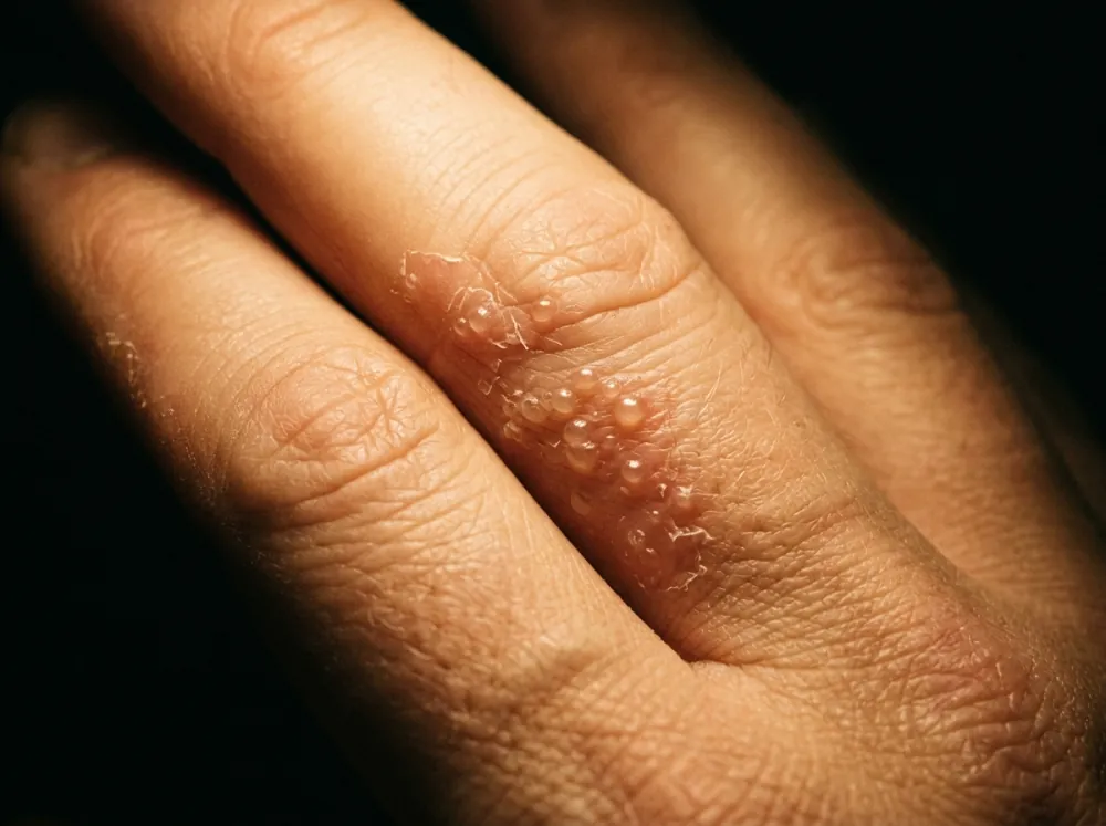A close view of two adult fingers side by side in warm light, a cluster of tiny clear fluid-filled bumps along the side of one finger with fine scale around them.