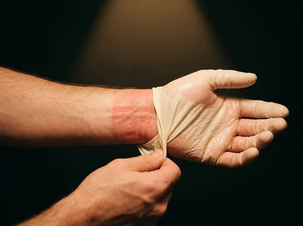 A disposable glove being peeled back from a forearm in a narrow cone of lamplight, with a band of red, damp-looking skin at the wrist ending in a sharp line where the cuff sat.
