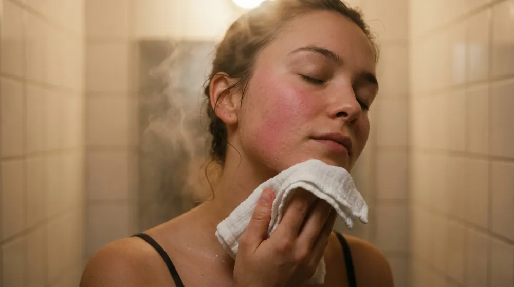 A young woman with her eyes closed pressing a folded damp white cloth against her jaw in a tiled bathroom, her cheek flushed pink and steam rising beside her in warm light.