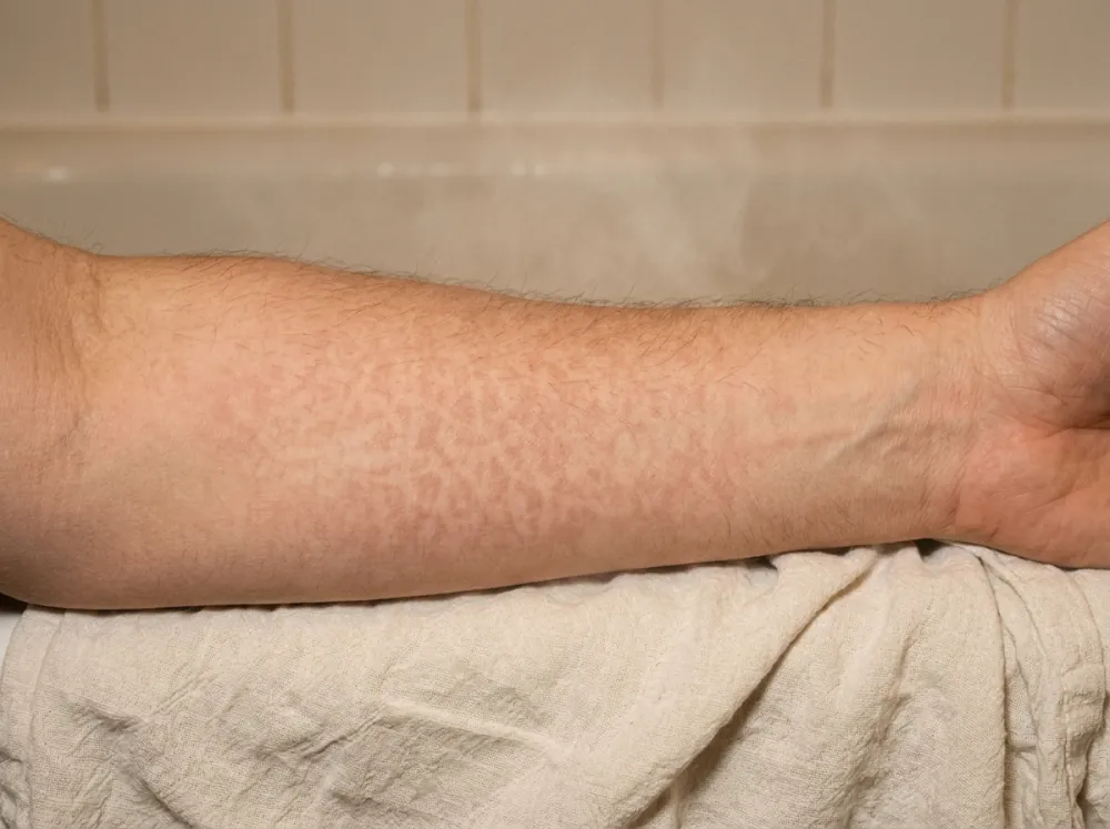 A forearm resting on a pale cloth in warm, steamy light, with a faint net-like pink pattern across the skin.