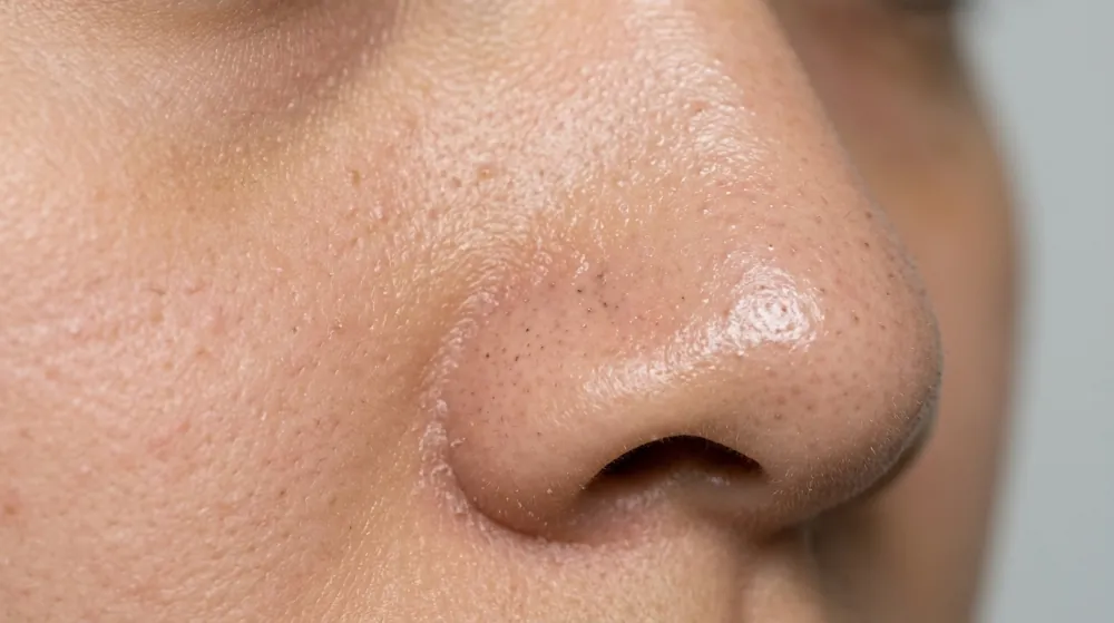 A close view of a nose and cheek on shiny skin, with a few tiny dark dots in the pores at the side of the nose and a bright oily highlight on the tip.