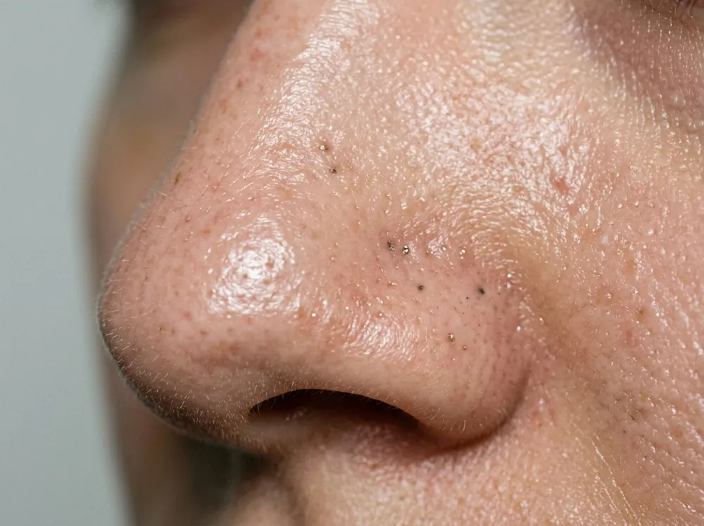 A close view of the side of a nose on shiny skin with a scatter of small dark dots in the pores, among many fine pores and peach fuzz.