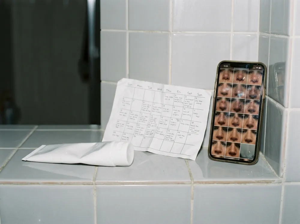 A plain white tube beside a handwritten monthly calendar page and an upright phone showing a grid of nose close-up photos, on a pale tiled bathroom shelf.