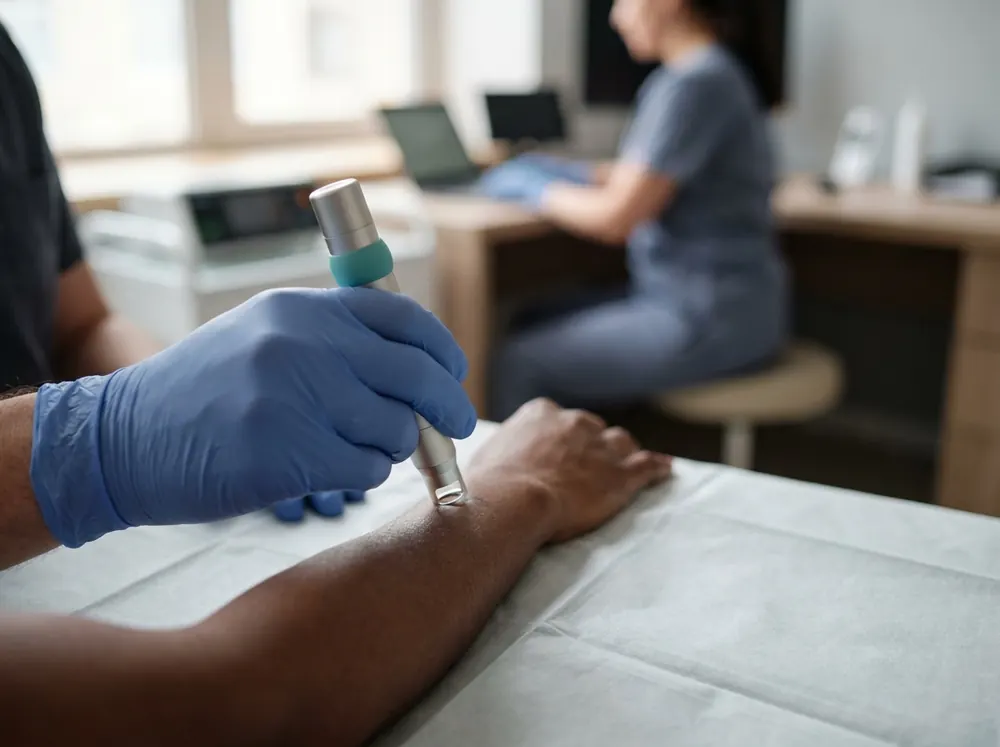 A gloved clinician using a handheld laser device on a patient's forearm in a clinical setting
