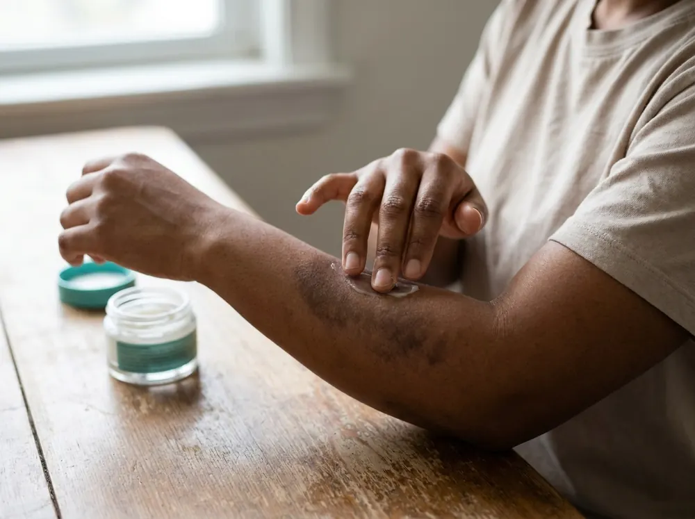 A hand applying cream to a patch of post-inflammatory hyperpigmentation on a forearm