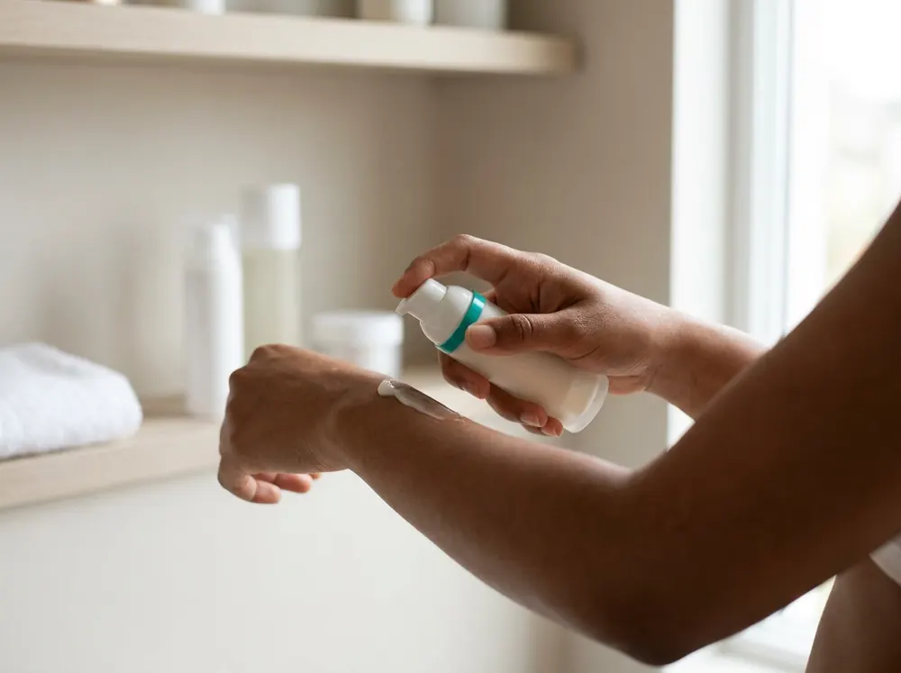 A hand applying a pump moisturiser to the forearm near a bathroom shelf