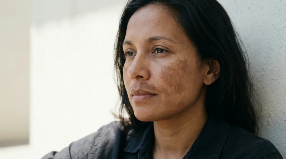 A woman with medium-brown skin leaning against a pale wall in soft shade, looking off to one side, with uneven patches of darker brown pigment across her cheek and above her lip.
