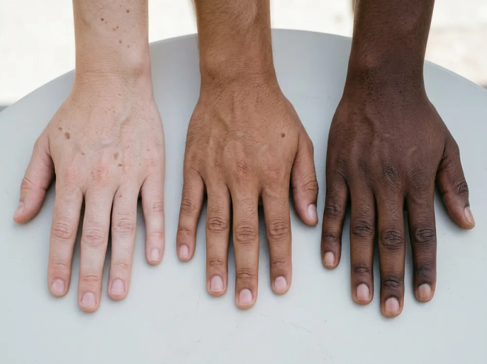 Three adult hands resting side by side on a pale round table in light, medium and deep brown skin tones, the lightest hand with several small darker marks, in soft shade against a bright blurred background.