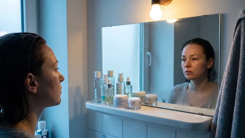 A woman standing at a bathroom basin with her face wet, a row of bottles and jars along the shelf beside her, cool light from the window meeting warm light from a bulb above the mirror.