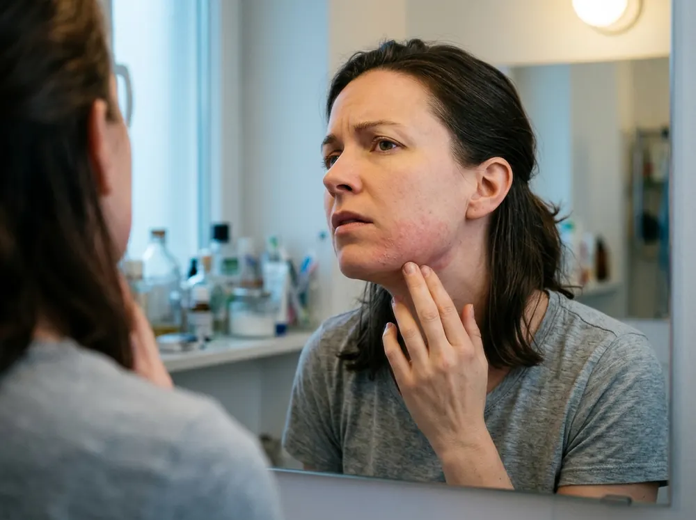 A woman leaning toward a bathroom mirror, seen in the reflection, touching a patch of irritated red skin along her jaw, a shelf of bottles out of focus behind her.