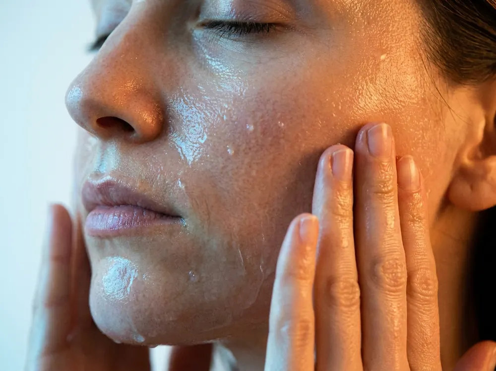 A close view of a pair of hands pressing a watery layer into a cheek, the skin wet and reflective, cool light from a window meeting warm light from a bulb overhead.