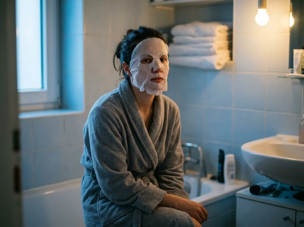 A woman sitting on the edge of a bath in a small bathroom wearing a white fabric sheet mask, cool light from a window meeting warm light from a bulb above the basin.