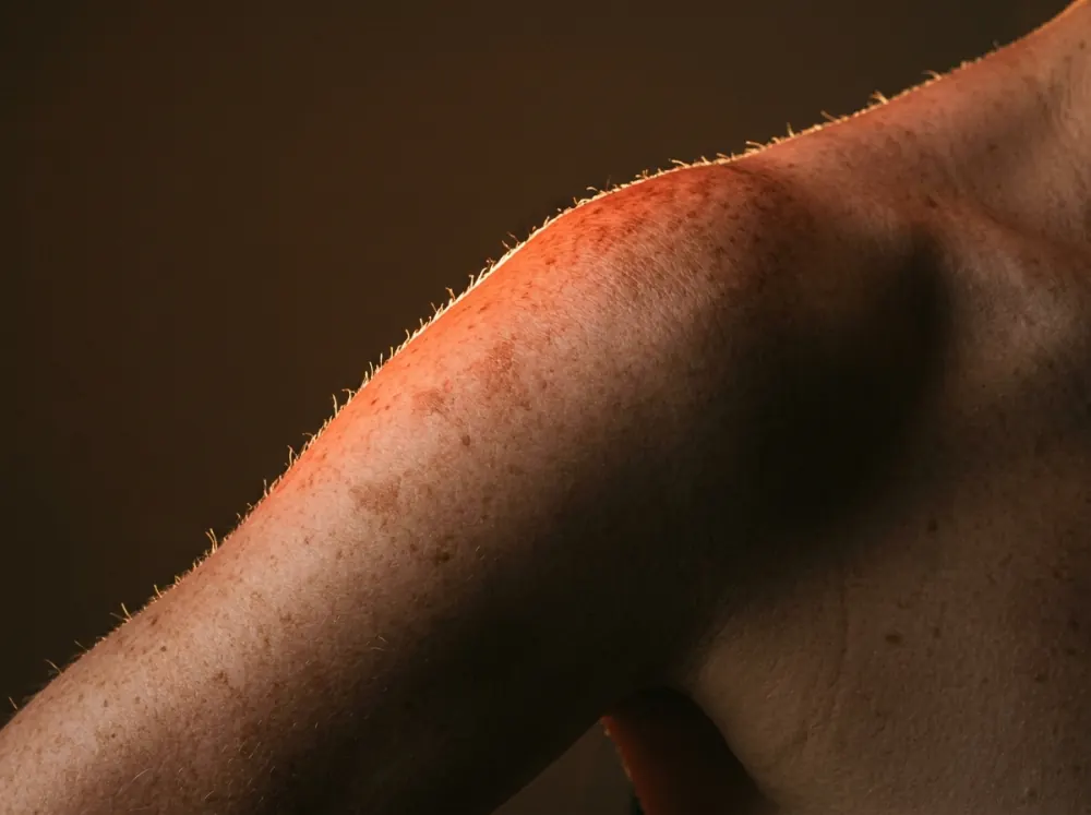 The curve of a freckled shoulder and upper arm against a dark brown background, lit from behind so the upper edge glows red-orange and the freckles read as darker patches within it.