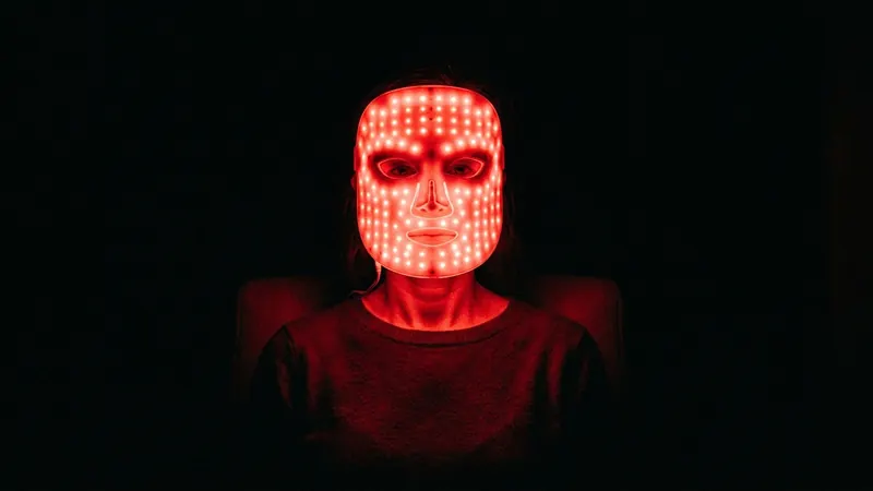 A person wearing a rigid LED face mask in a dark room, their face and shoulders lit only by the mask's own red glow.