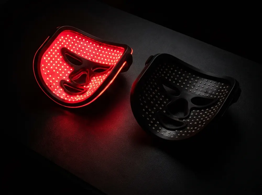 Two LED face masks side by side on a matte dark surface, one switched on and glowing red with the individual diodes visible as separate points of light, the other switched off.