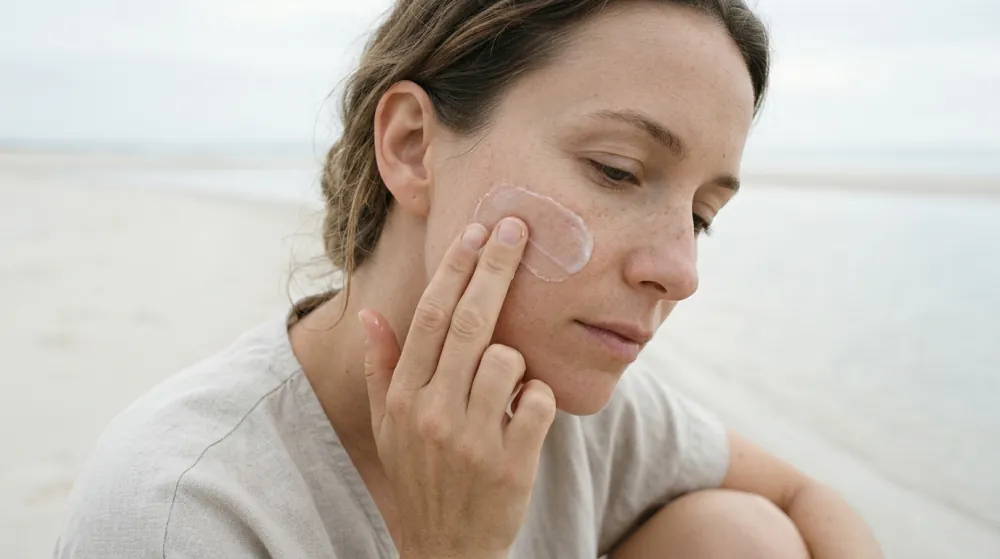 A woman crouching on pale sand beside calm water, looking down as she smooths a clear, glossy sunscreen across her cheekbone with two fingertips.