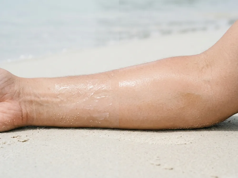 A forearm lying on pale sand, the wrist half with sunscreen in uneven streaks and patches with bare skin between them, and the elbow half with one even glossy film.
