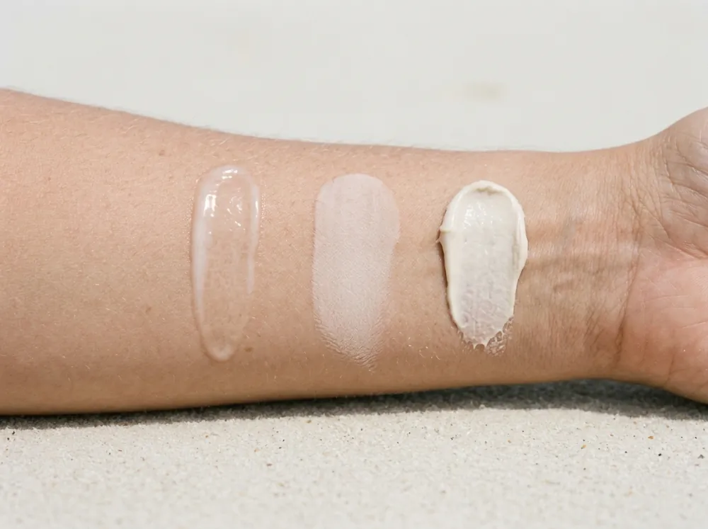 Three smears of sunscreen side by side on the inside of a forearm lying on pale sand: one clear and glossy, one flat and matte, and one thick and creamy with a raised edge.