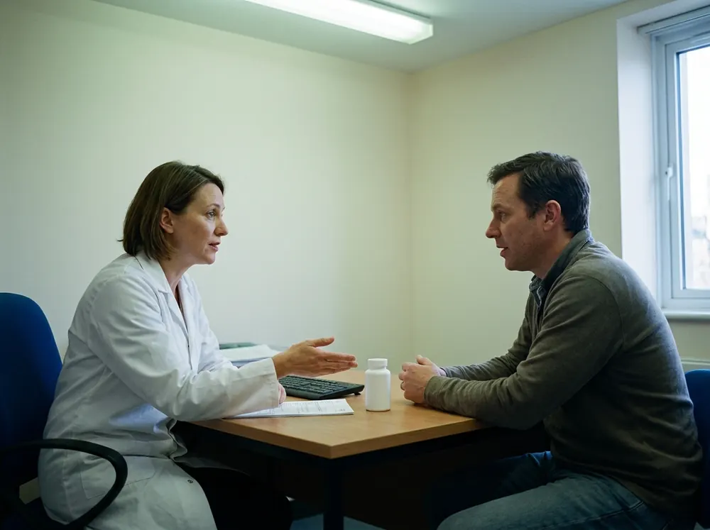 A clinician and a patient at a consulting room desk, a plain white product between them, the clinician mid-explanation.