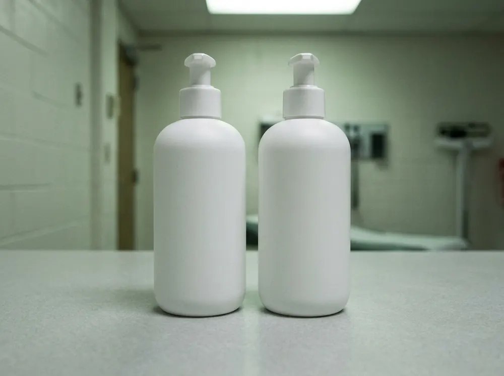 Two identical plain white pump bottles standing side by side on a clinical countertop under cold light.