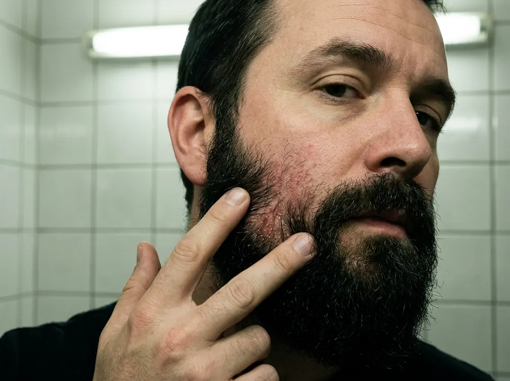 A man under a harsh overhead strip light parting the hair of his beard with two fingers to reveal reddened, flaking skin on the cheek underneath.