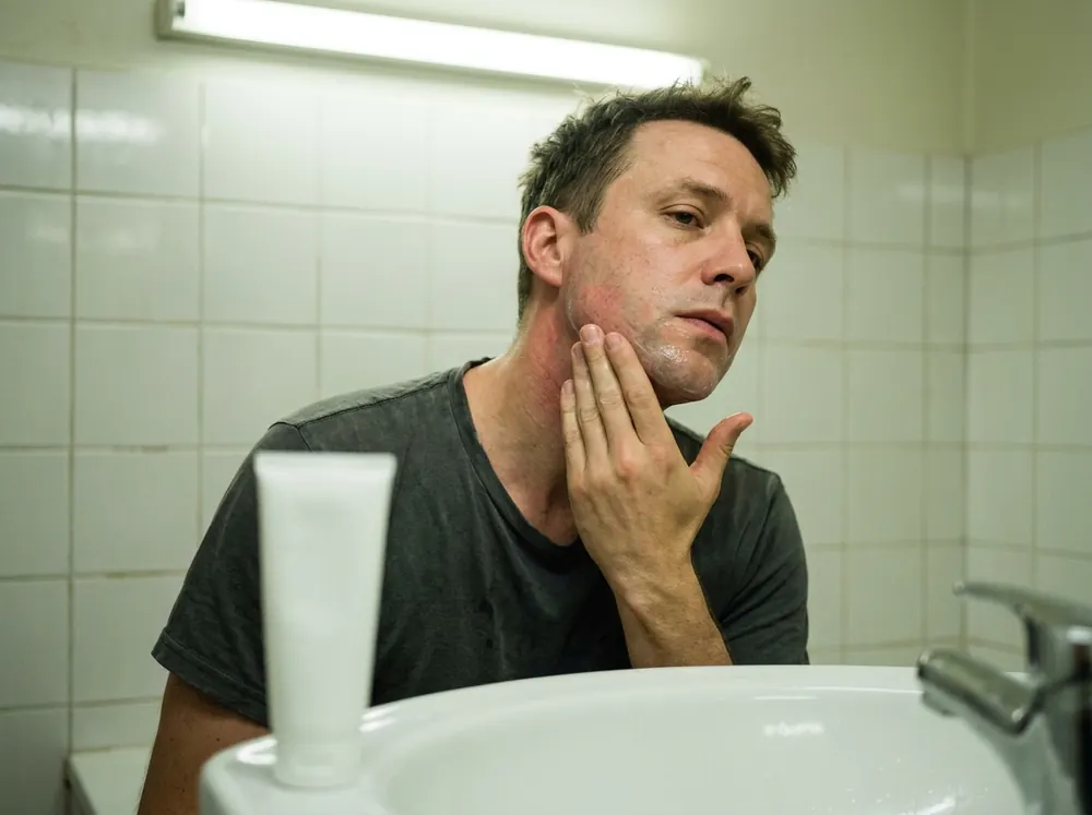 A man at a basin under a harsh overhead strip light pressing his hand against a freshly shaved jaw, redness visible along his neck and a plain white tube on the basin beside him.