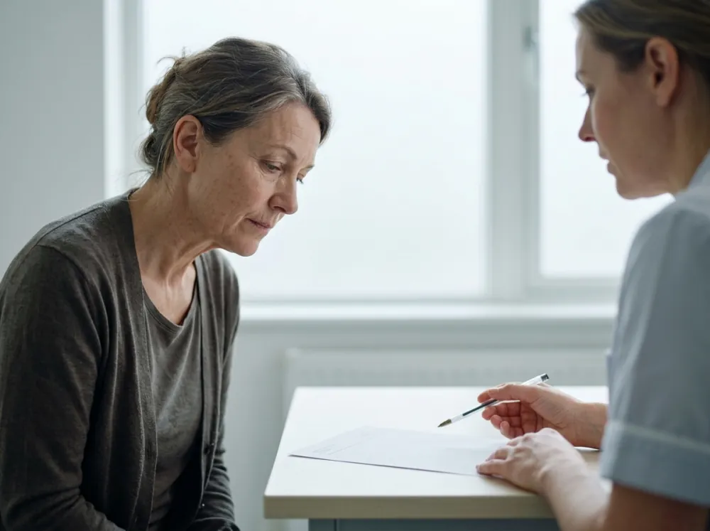 A woman looking down at a desk while a clinician in a pale uniform, at the edge of the frame, holds a pen over a blank printed sheet, in flat daylight from a frosted window.