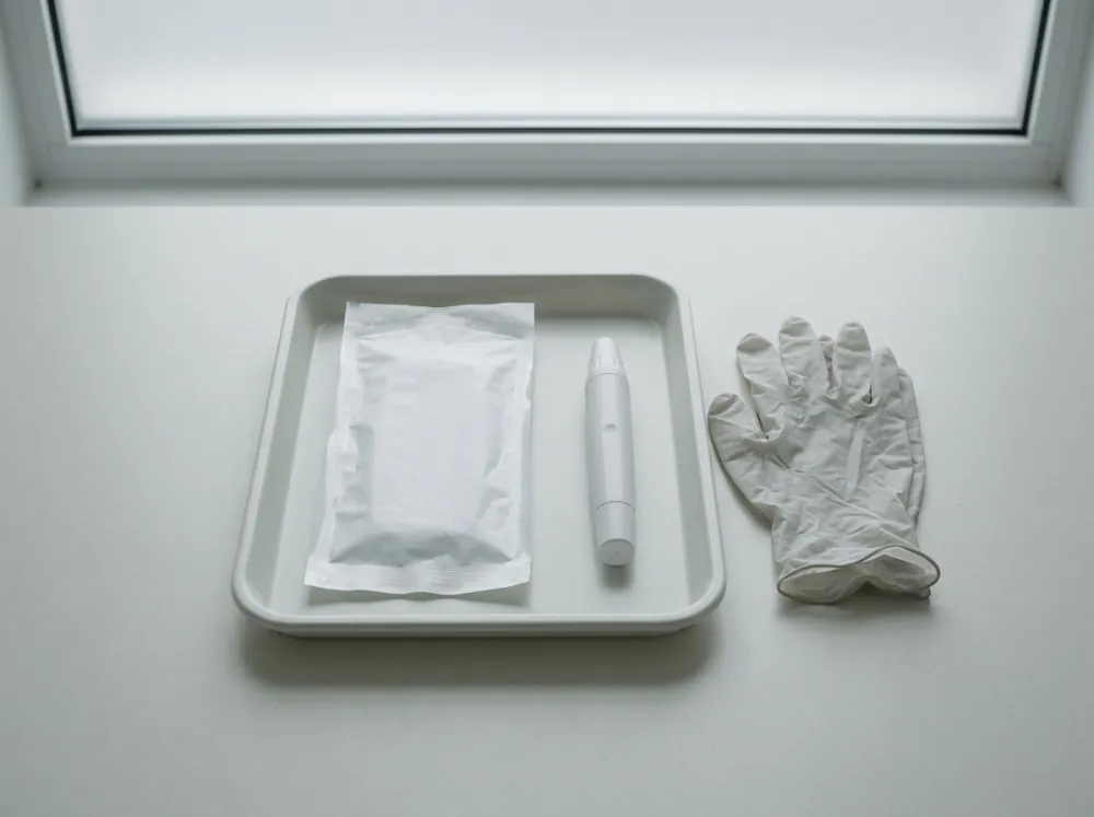 A pale tray on a desk beneath a frosted window, holding a sealed sterile pouch and a closed pen-shaped handpiece, with a disposable glove lying beside it.