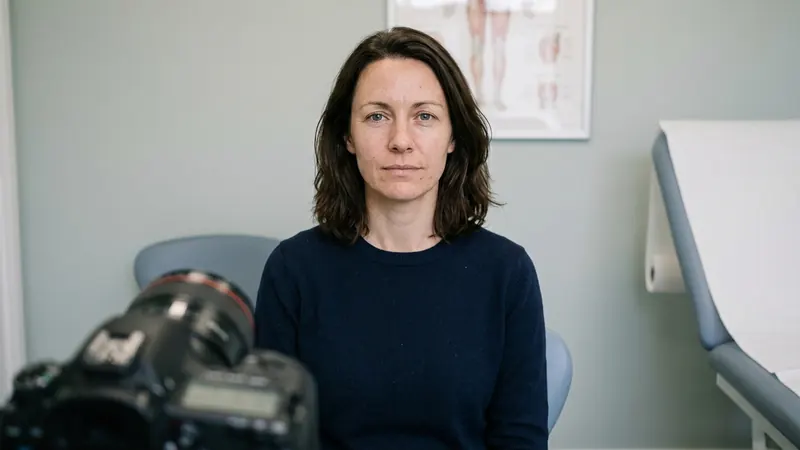 A woman's face in flat, even daylight in a clinic room, photographed straight on with a camera and tripod just out of focus in the foreground.