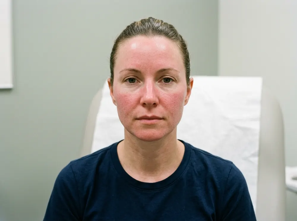 A woman's face in flat, even clinic daylight two days after a treatment, cheeks and forehead flushed pink with faint swelling across the skin.