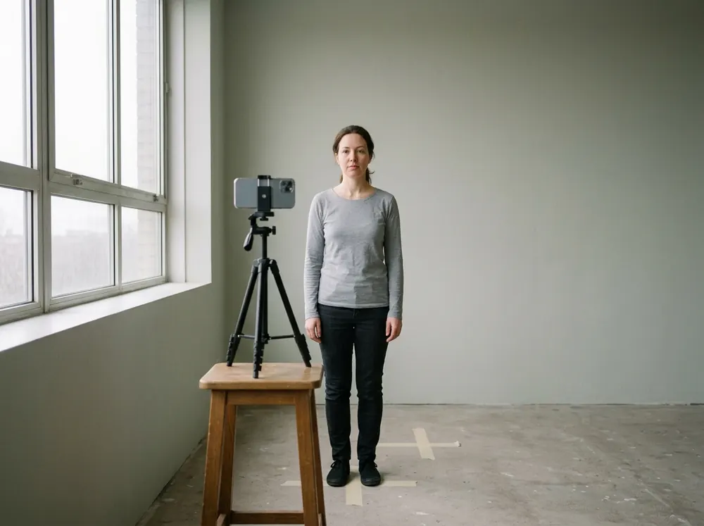 A woman photographing her own face with a phone on a small tripod beside a large window in flat overcast daylight, tape crosses on the floor marking where she stands.