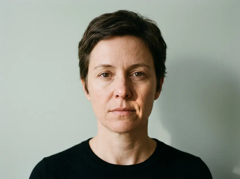 A woman photographed straight on against a plain pale wall in soft, largely even light, with a faint shadow falling across one side of her face.