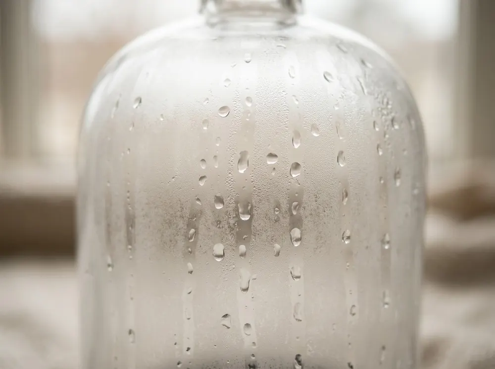 Water droplets trapped on the inside of a fogged glass cloche, backlit by soft daylight.