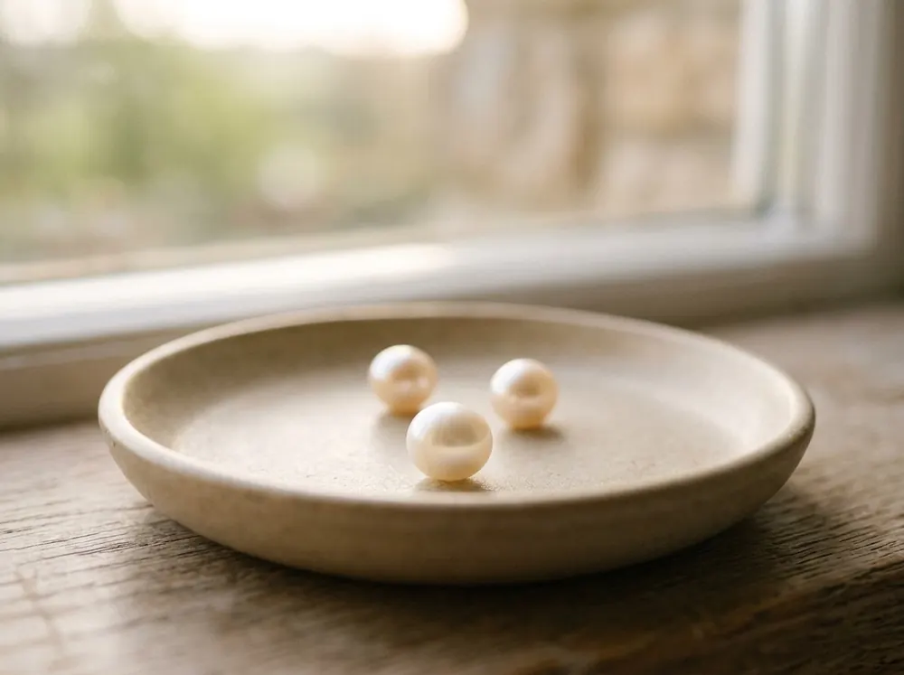 Three small pearls resting in a shallow ceramic dish on a wooden windowsill, lit from behind by soft daylight.