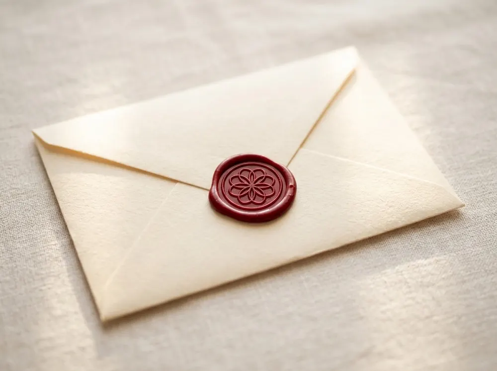 A cream envelope closed with an unbroken deep red wax seal, resting on pale linen.