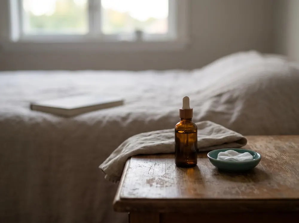 A dropper serum bottle and a small dish of cotton pads on a nightstand beside a bed