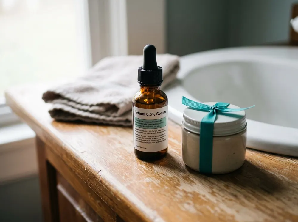 A Retinol 0.5% serum bottle beside a ribbon-tied cream jar on a bathroom counter