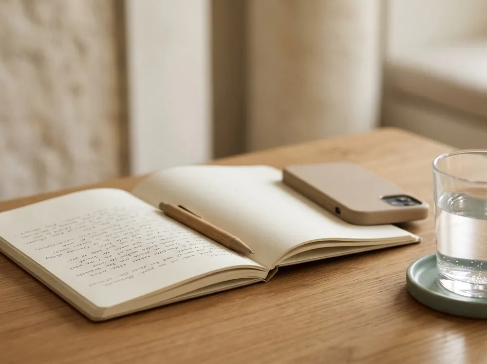 An open notebook with a pen resting in the gutter beside a face-down phone and a glass of water on a wooden table.