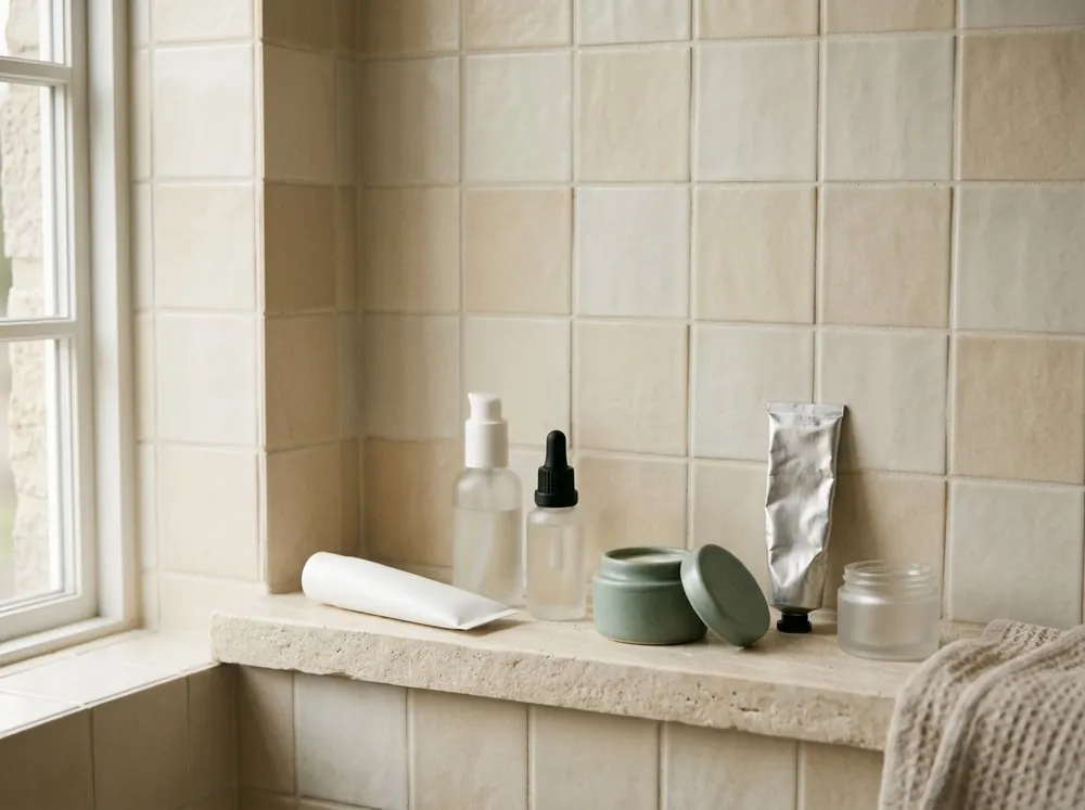 Several unbranded skincare tubes, bottles and a sage ceramic jar arranged on a stone bathroom ledge in soft daylight.