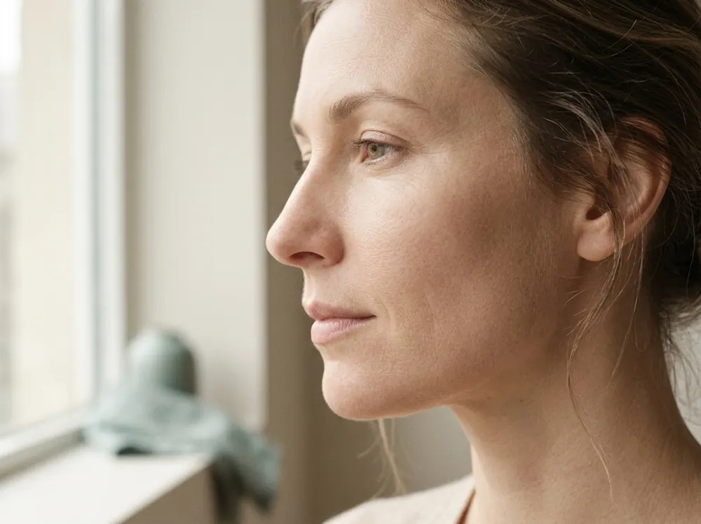 A close three-quarter profile of a woman at a window in soft daylight, her skin evenly lit to show texture rather than colour.