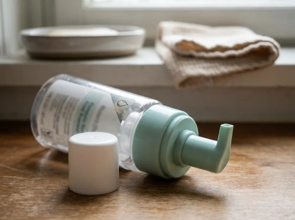 A clear pump bottle of cleanser lying on its side beside a folded towel and a dish of soap