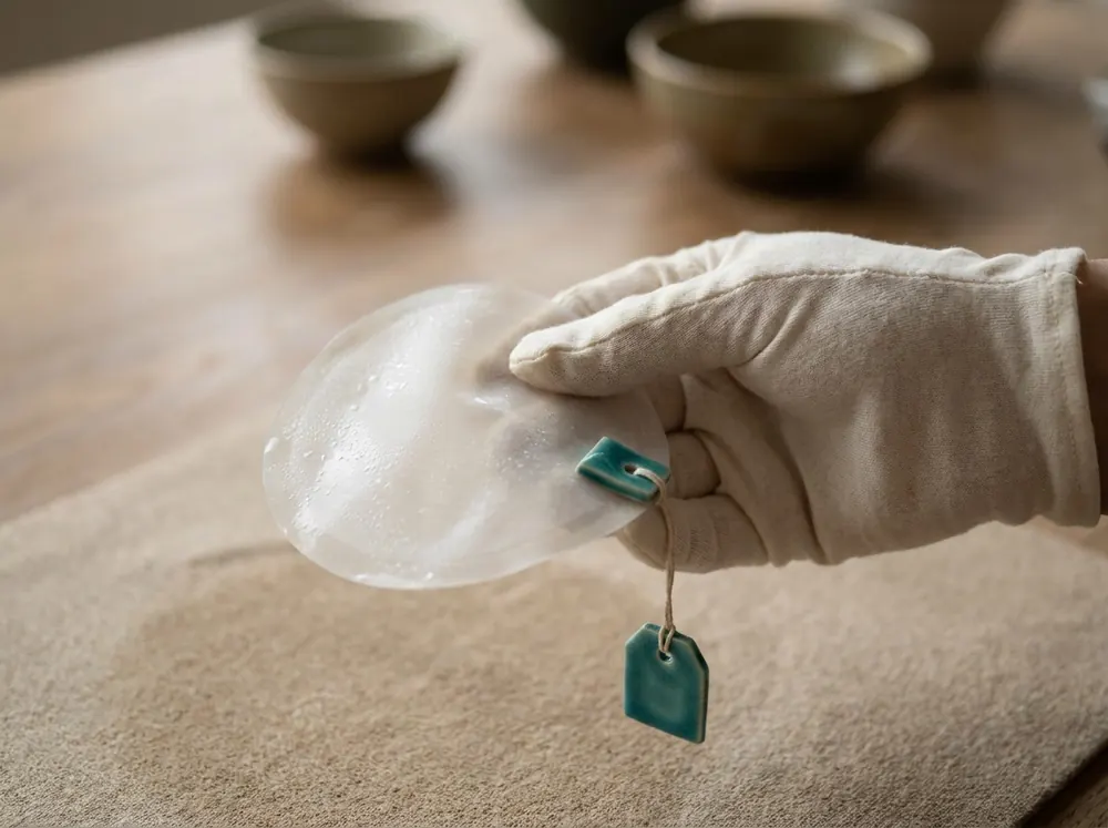 A hand in a soft glove holding a translucent cleansing balm with a tag, illustrating a gentle formula for oily skin