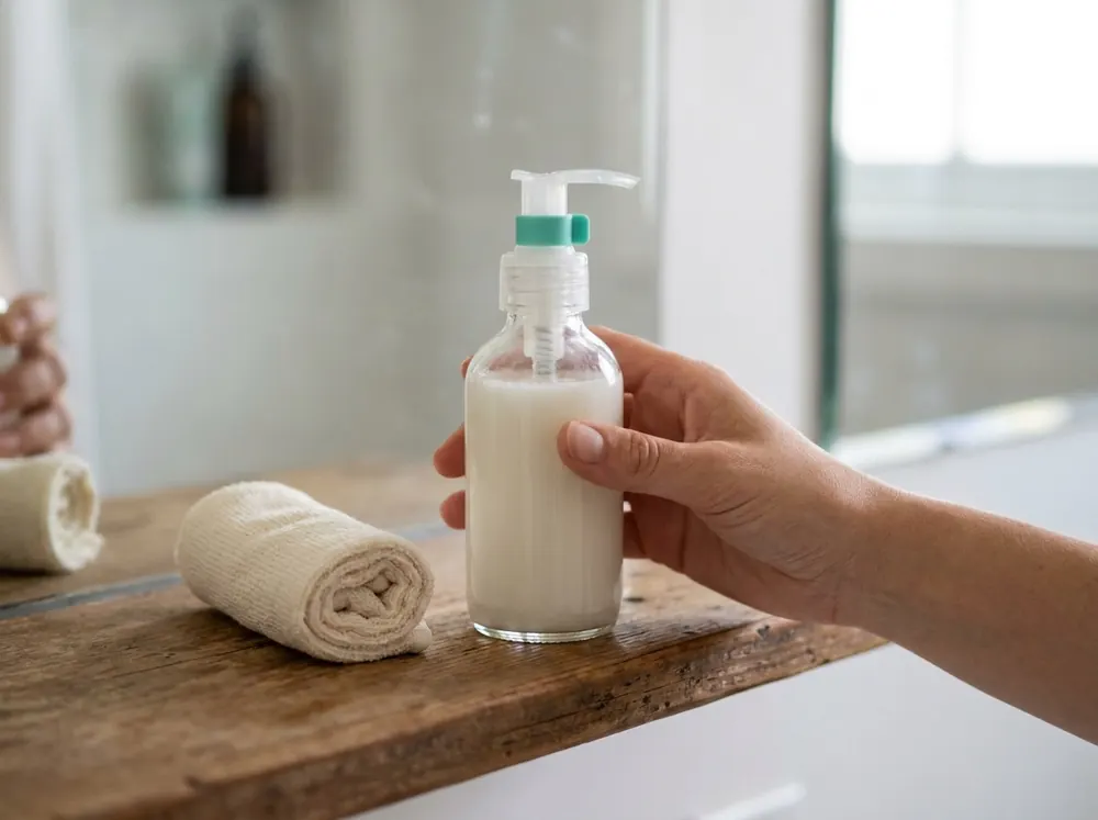 A hand picking up a milky cleanser bottle beside a rolled towel on a bathroom shelf