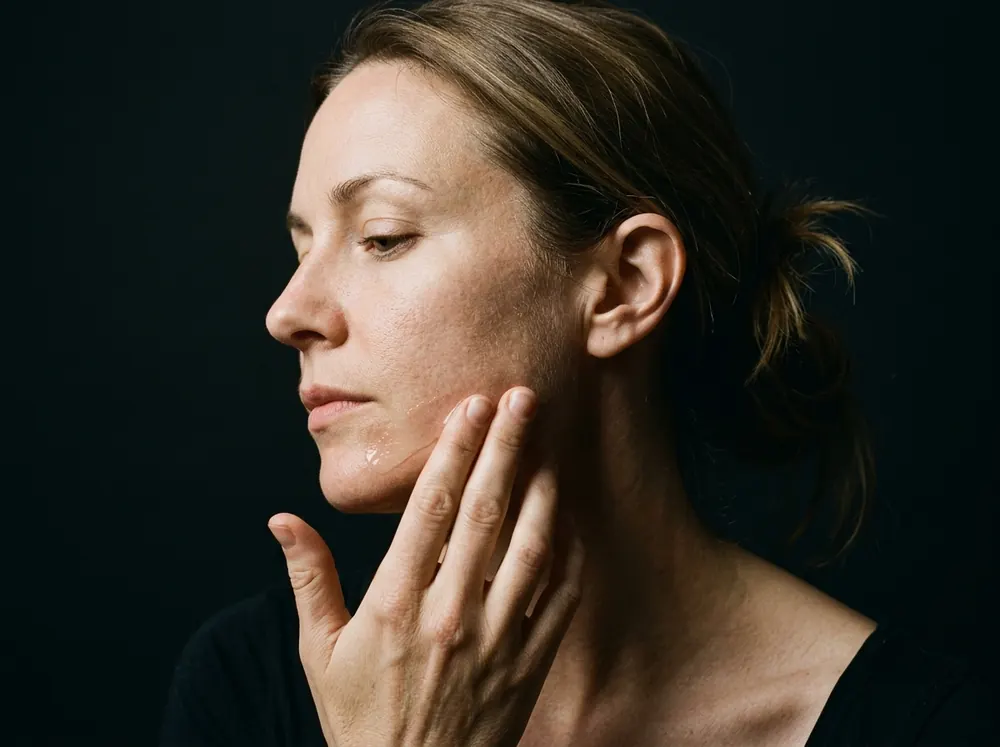 A woman in profile against a dark background pressing serum into the skin along her jaw with the flat of her fingers, lit by a single hard light from the side.
