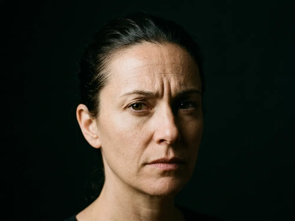 A woman facing the camera against a dark background, brows drawn together so the vertical lines between them and the creases across her forehead stand out under a single hard sidelight.