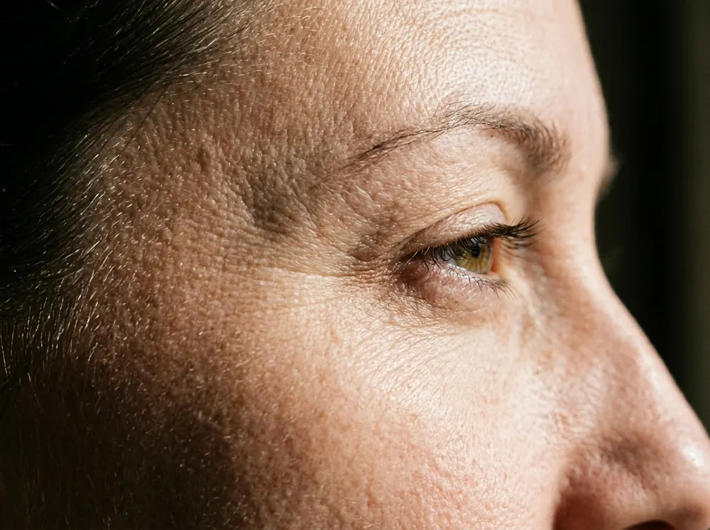 An extreme close view of the skin at a woman's temple and outer eye corner against a dark background, lit by a single hard light from the side so every fine line and pore stands out in relief.